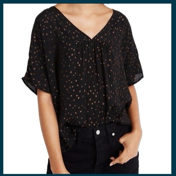 Madewell Black Rhyme Top in Metallic Dot Short Sleeve Blouse (L) - Picture 2 of 15